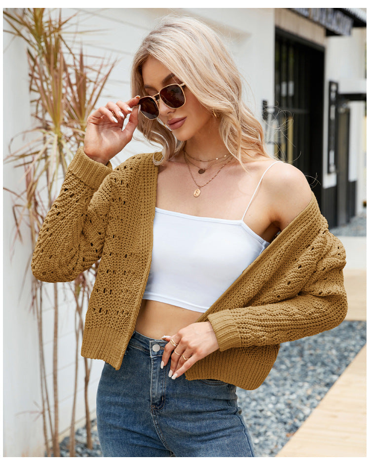 Cropped Top Long Sleeves Outer Match Knitwear Temperament Wild Solid Color Hollow out Sweater Cardigan