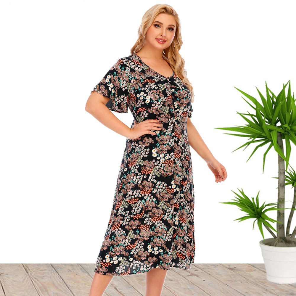 European and American plus Size Women's Clothes Short Sleeve Printed Dress