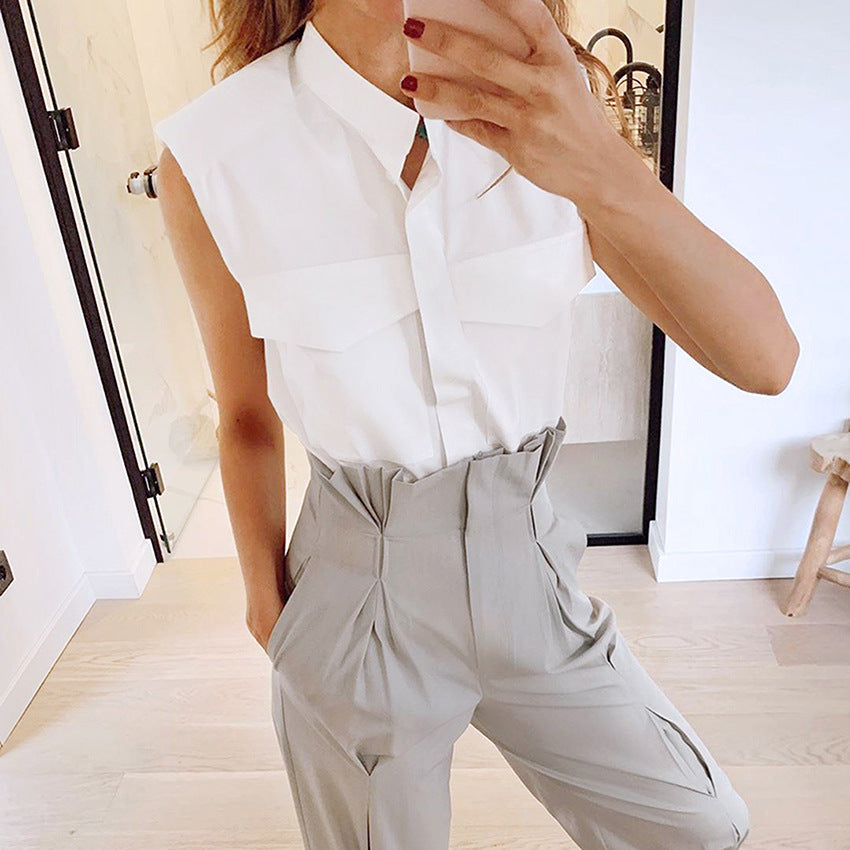 Sleeveless Right-Angle Shoulder Casual Loose Temperament Commuter Cotton Shirt for Women
