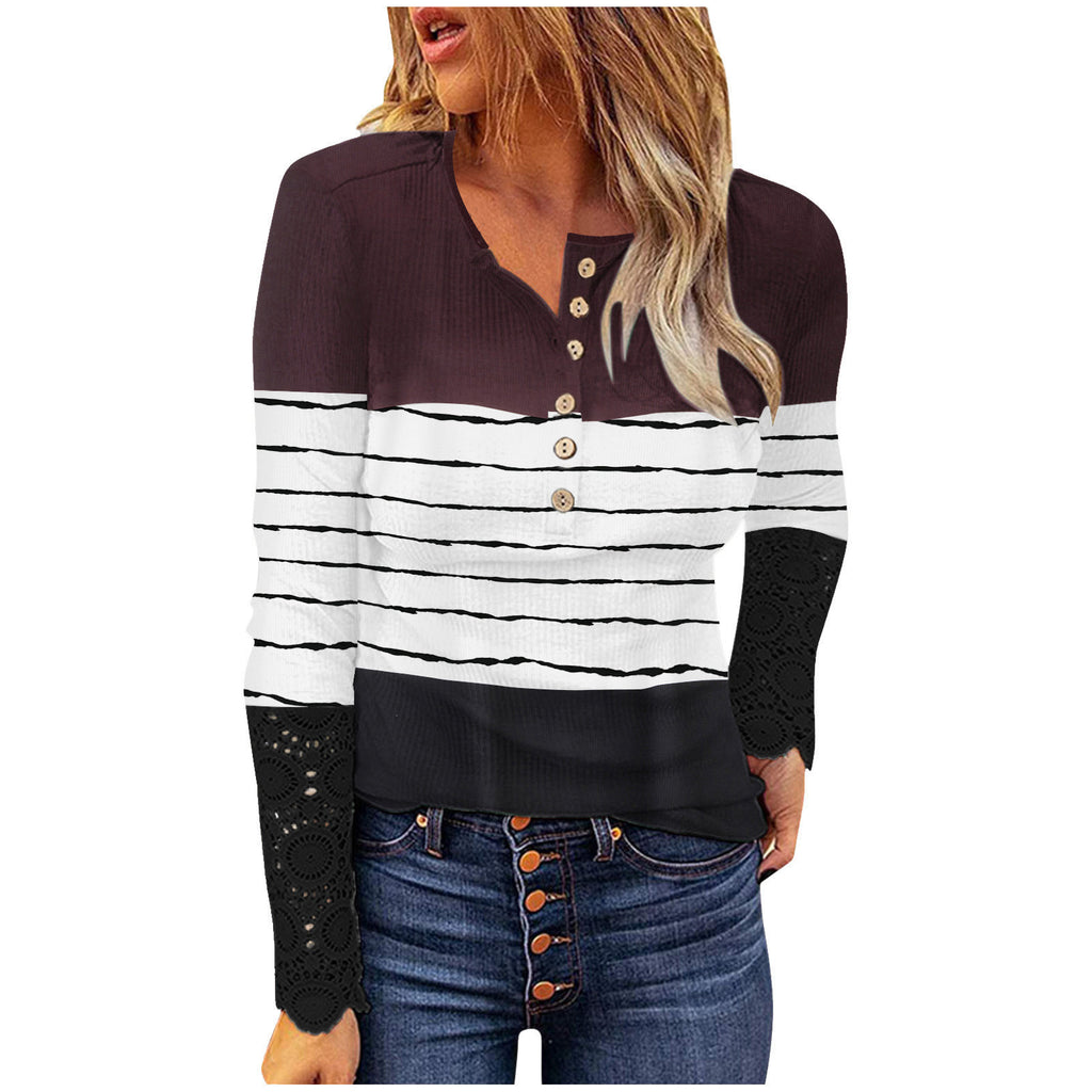 Lace Long-Sleeved Sunken Stripe Slim round Neck Button Printed Pullover Women's T-shirt