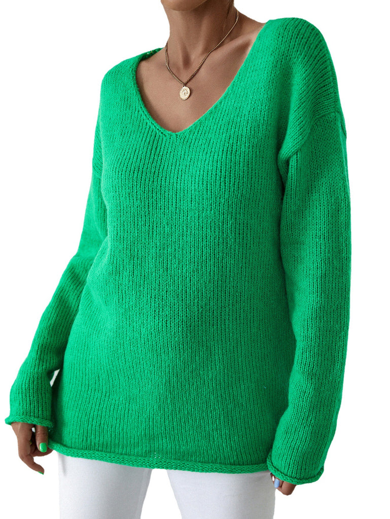 Women's Mid-Length V-neck Hemming Sweater