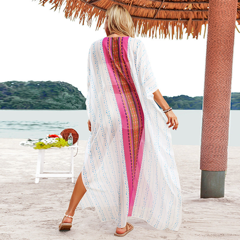 Bohemian Style Long Dress Casual Beach Half Sleeve Women's V-neck Dress