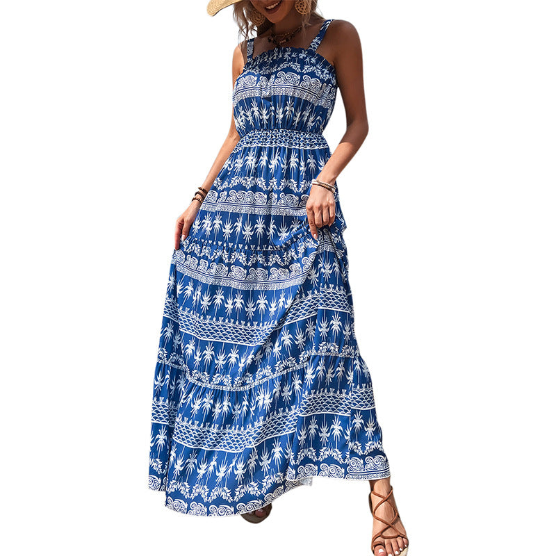 Blue Printed round Neck Camisole Backless Irregular Long Dress Women's Dress