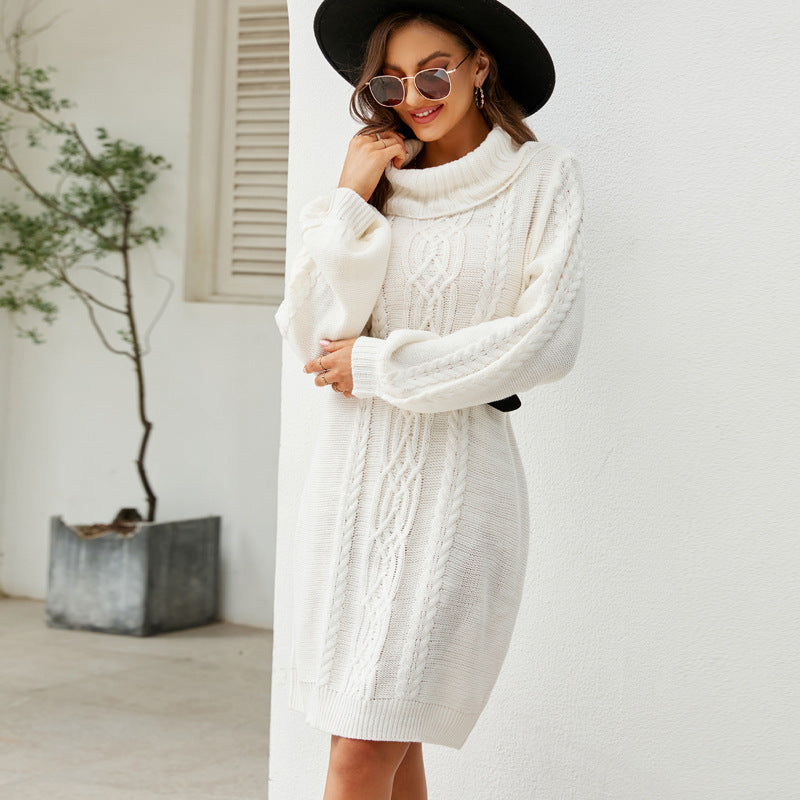 Fall/Winter Sweater Dress All-Matching Loose Knitted Dress Solid Color Twisted Long Turtleneck Sweater