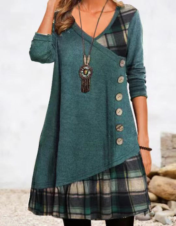 Casual Patchwork Button Long Sleeve Dress