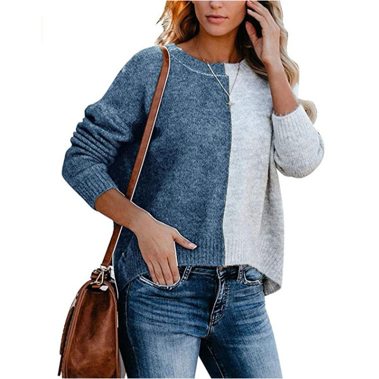 Women's Long-Sleeved Floral Block Sweater Casual Loose round Neck Pullover