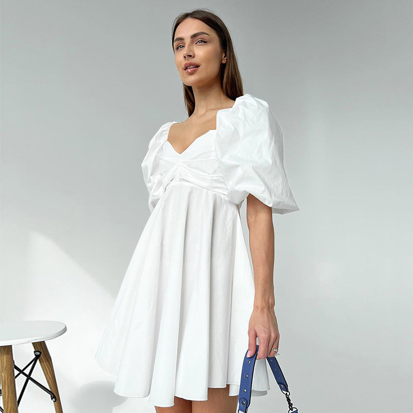 European and American Solid Color Girl's Dress Two-Way Wear Cold-Shoulder Elegant High Waist Puff Sleeve Slim White Dress Dress