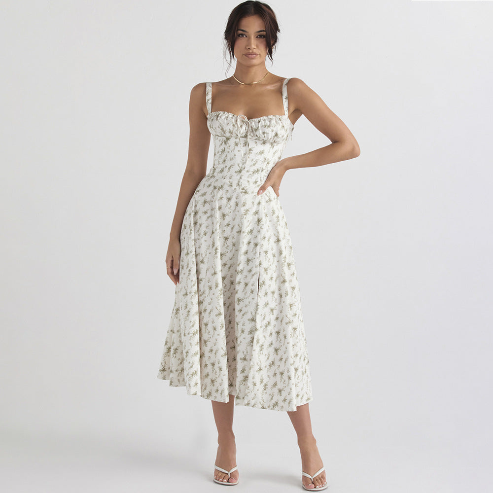 Slim Fit Slit Floral Skirt Hollow Backless Suspender Dress