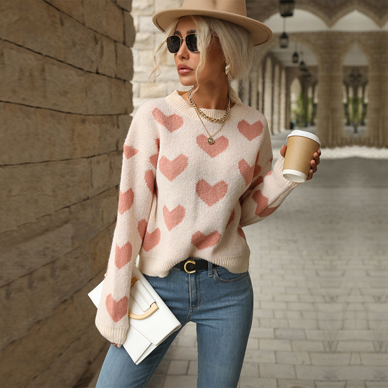 Autumn and Winter European and American Fashionable Knitted Casual Love Long-Sleeved Pink Sweater