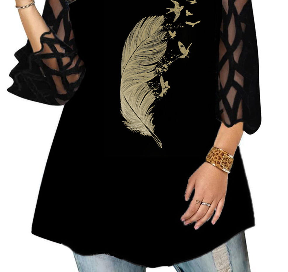 Plus Size Top Lace Sleeve Feather Print Loose-Fitting Casual T-shirt Women