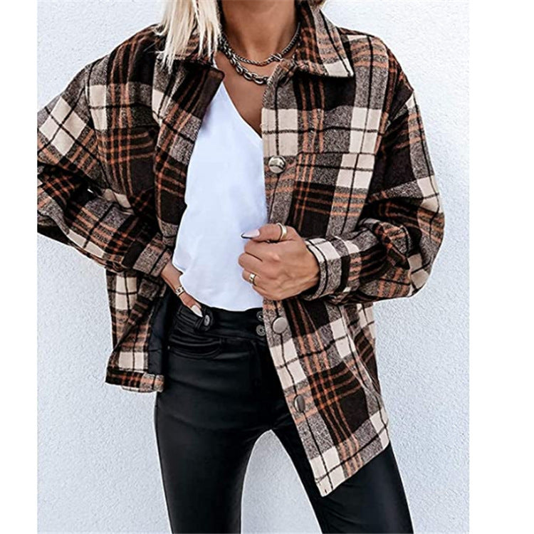 Women's Shirt Autumn and Winter New Fashion Plaid Brushed Woolen Coat for Women