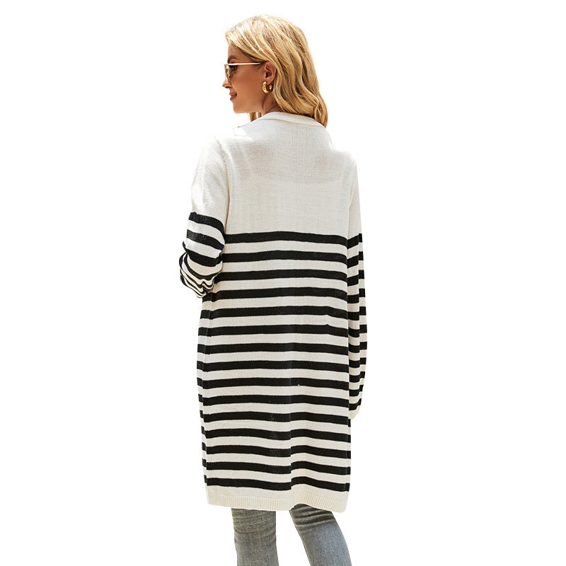 Fashion Long Sweater Coat European and American Striped Contrast Color Knitted Cardigan