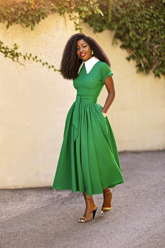 Blouse Collar Dress Temperament Commute Green High Waist Midi Skirt Belted Dress