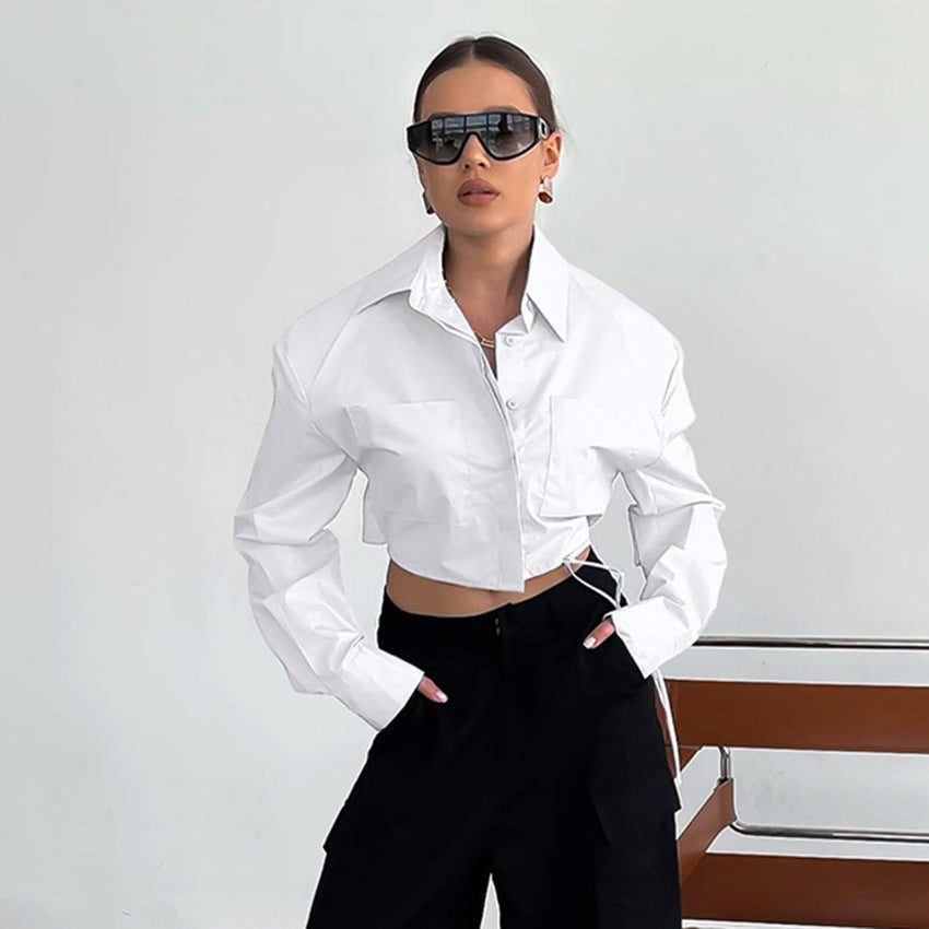 Short Shirt Commuter Padded Shoulder Top Long Sleeve White Shirt