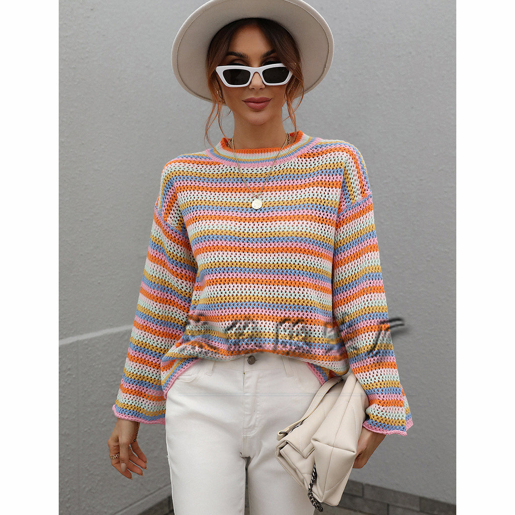 European and American Stitching Knitwear Women's Loose Cross-Color Foreign Trade round Neck Striped Sweater Women