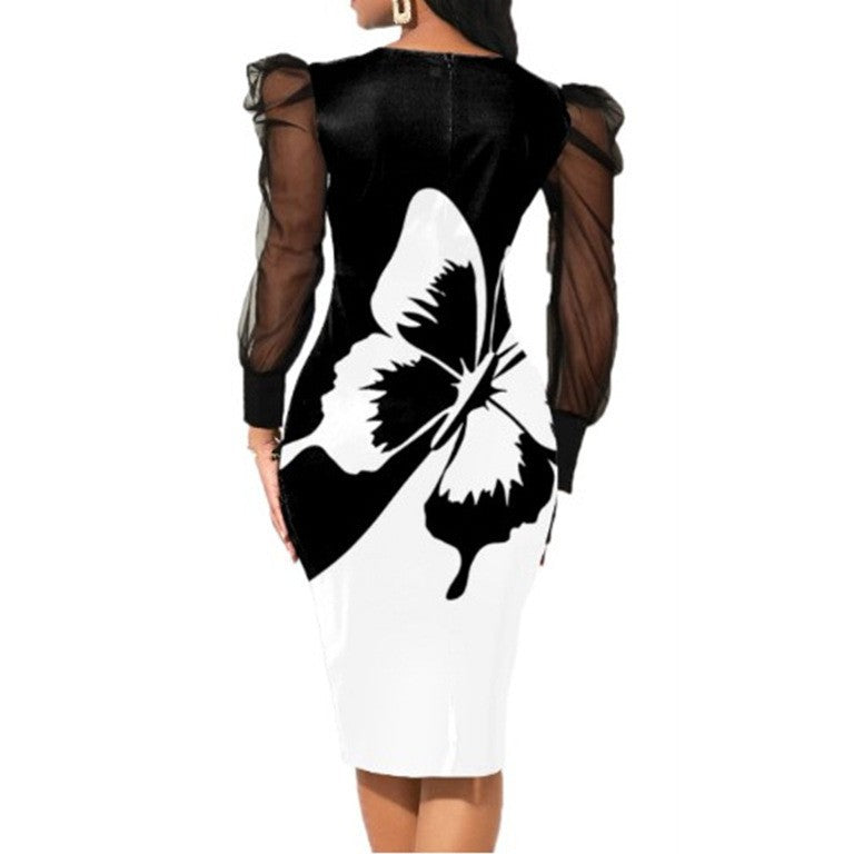 Fashion Temperament Mesh Long Sleeve Butterfly Print Pencil Skirt