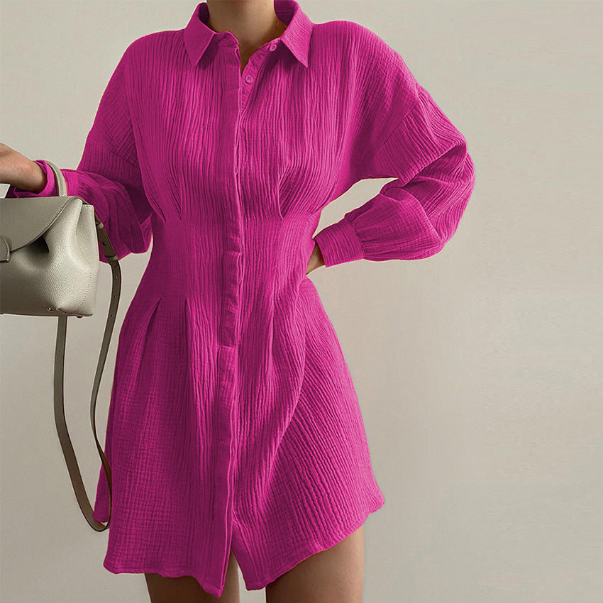 Commuter Shirt Dress Cotton and Linen Dress French Waist-Controlled Long Sleeves A- line Dress for Women