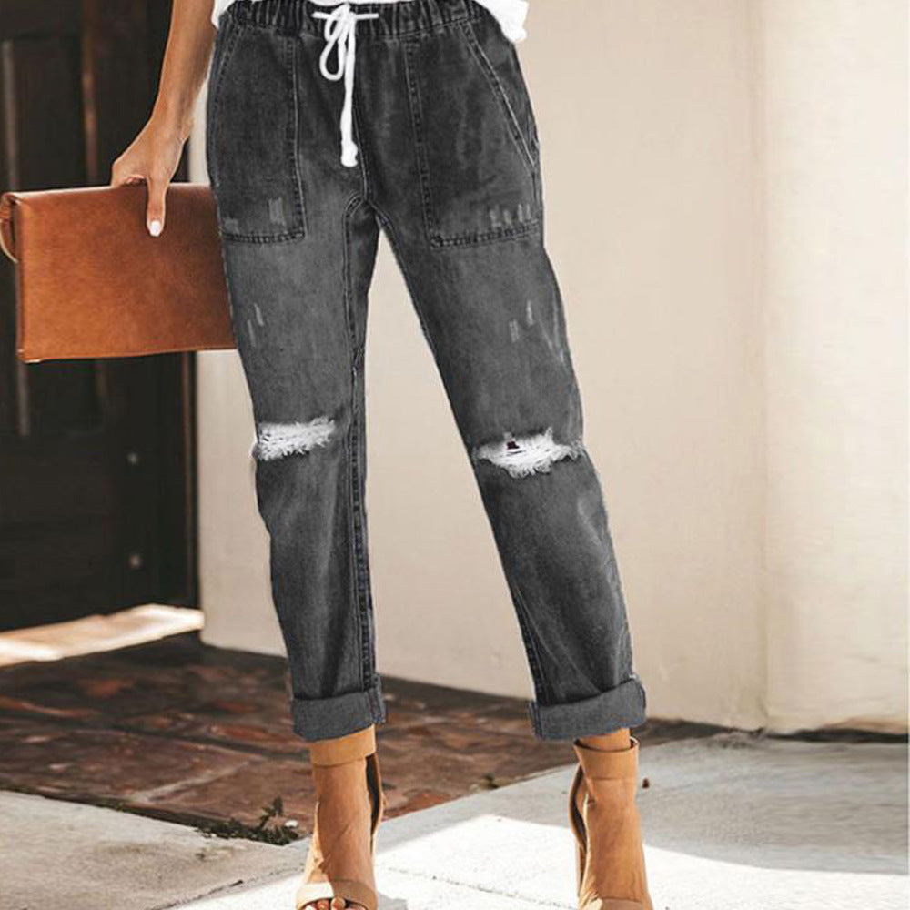 Drawstring Elastic Waist Ripped Denim Pants Casual Pants for Women