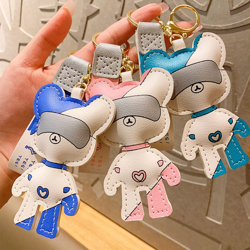 Creative PU Leather Glasses Bear Keychain Pendant Cute Bear Couple Cars and Bags Key Ring Pendants