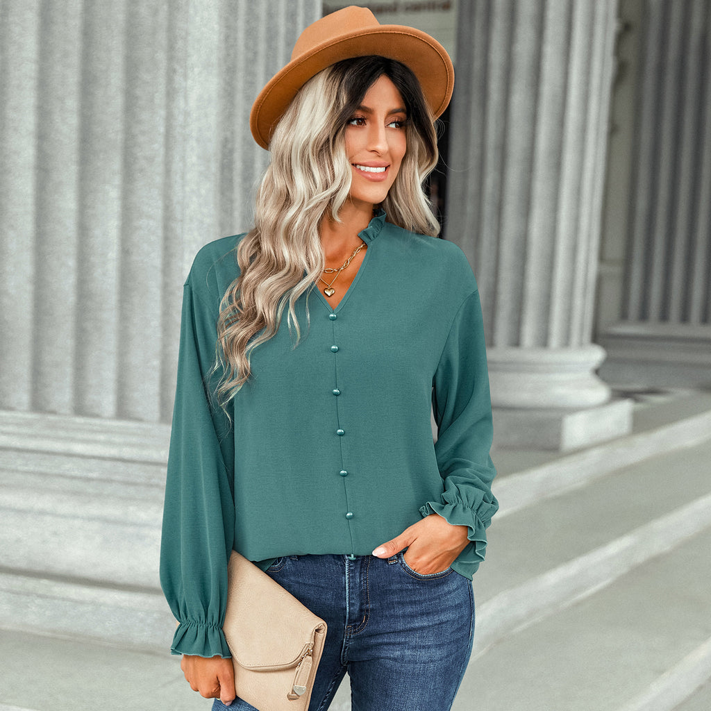 2022 Autumn and Winter New V-neck Top Women's Clothing Fashion Fastener Decoration Solid Color Shirt