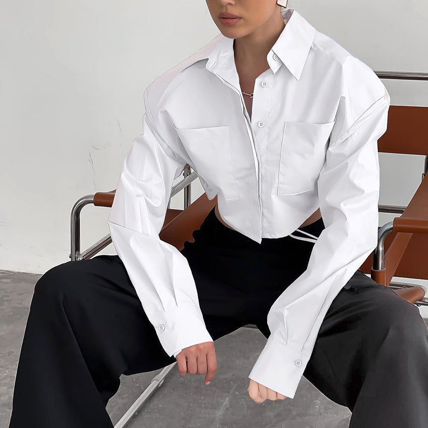 Short Shirt Commuter Padded Shoulder Top Long Sleeve White Shirt