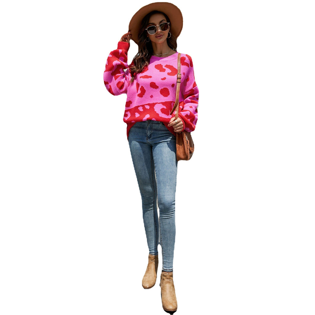 Women's round Neck Dual-Color Patchwork Leopard Print Sweater Women's Fashion Pullover Foreign Trade Sweater Women