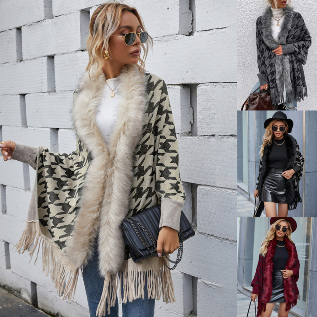 Autumn and Winter Light Luxury Fur Collar Houndstooth Tassel Shawl Sweater