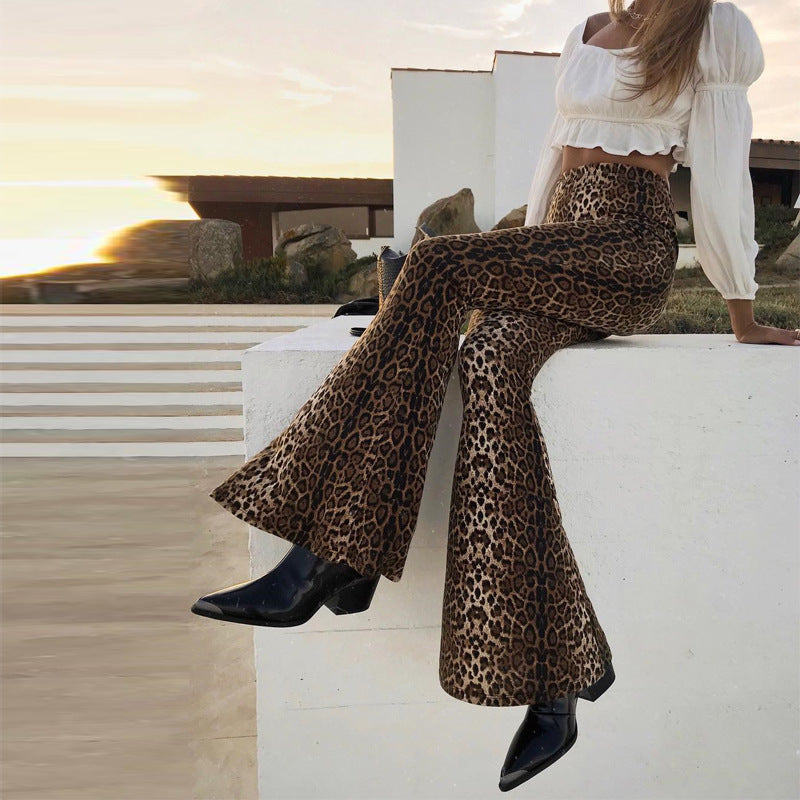 Autumn New Trendy Fried Street Women's Trousers Elastic Mid-High Waist Leopard Print Tiger Pattern Bell-Bottom Pants