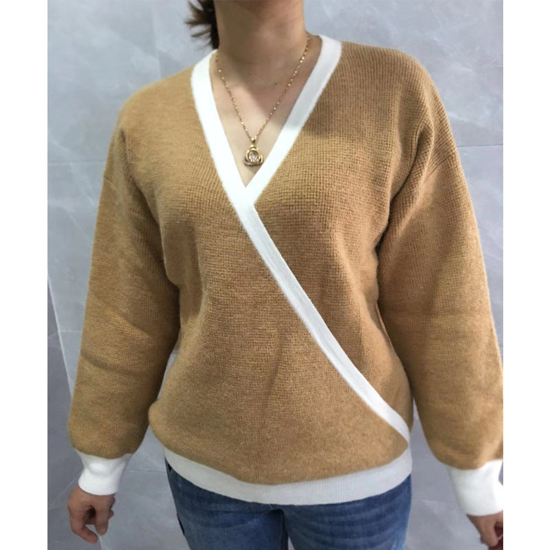 Women's Loose-Fitting V-neck Long Sleeves Sweater Fashion Pullover Top