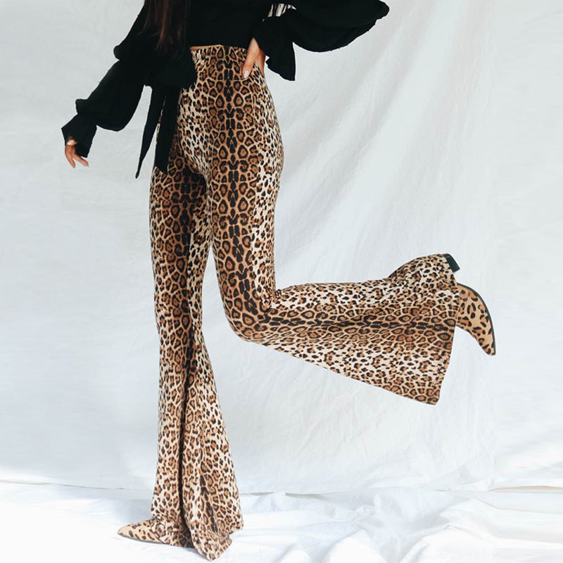 Autumn New Trendy Fried Street Women's Trousers Elastic Mid-High Waist Leopard Print Tiger Pattern Bell-Bottom Pants