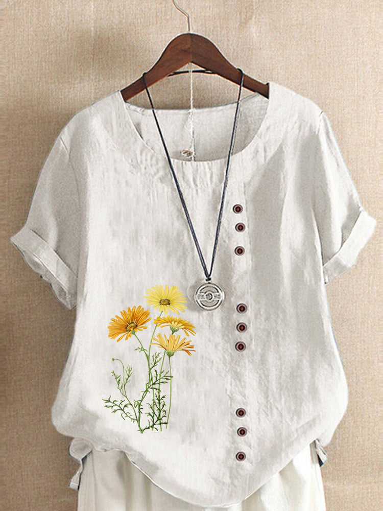 Cotton and Linen New Hot Flower Series Printed Loose round Neck T-shirt for Women