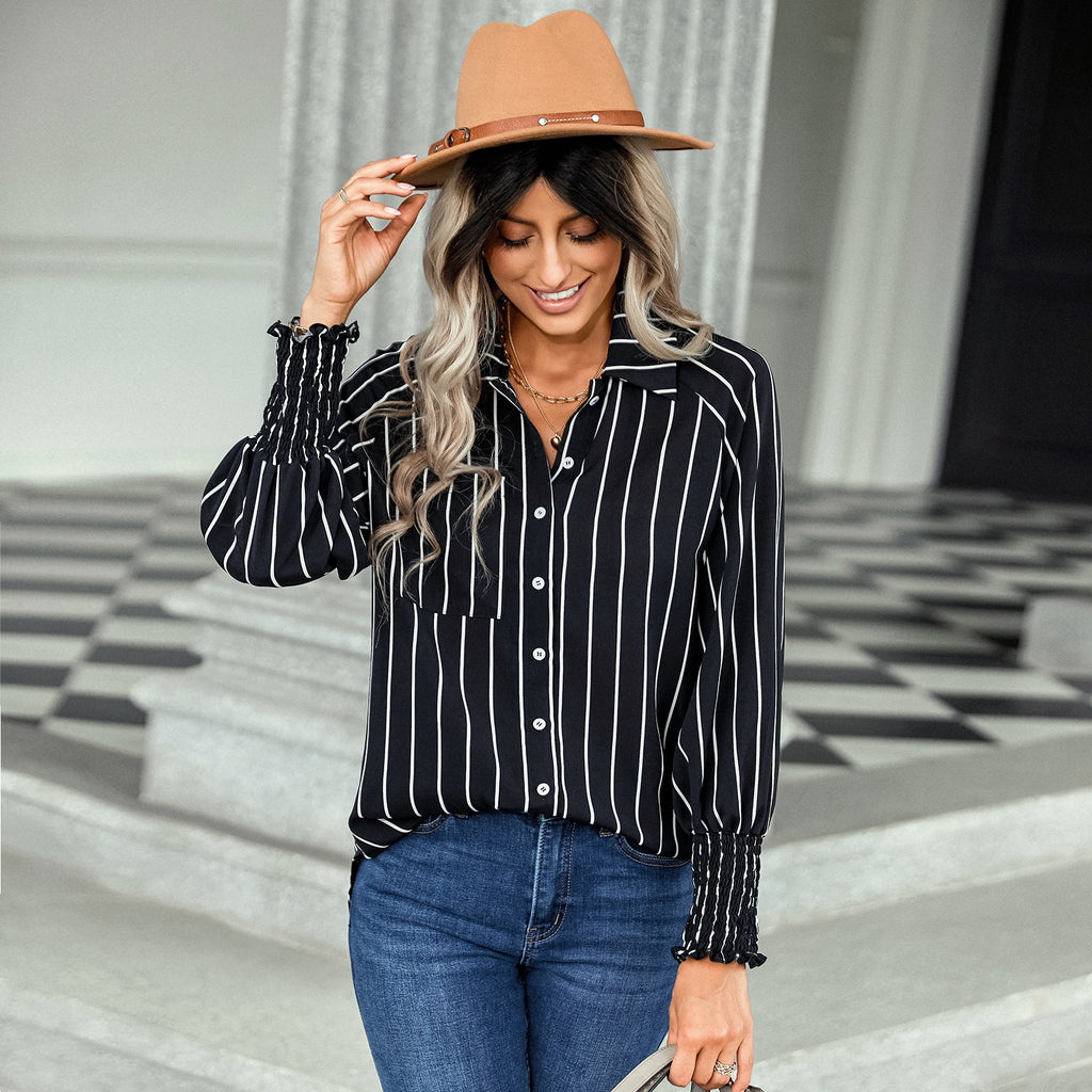 European and American Women's Clothing 2022 Early Autumn New Striped Top Women's Fashion Casual Loose-Fitting Versatile Blouse