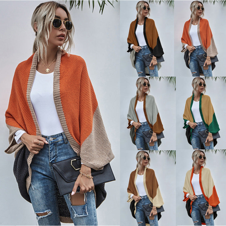 Contrast Color Shawl Autumn and Winter New Color Stitching Knitted Cardigan Sweater Coat