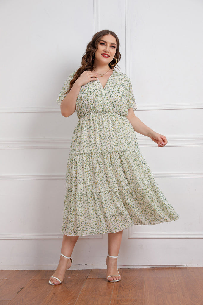 Fat Girl V-neck Floral Short Sleeve Chiffon Dress