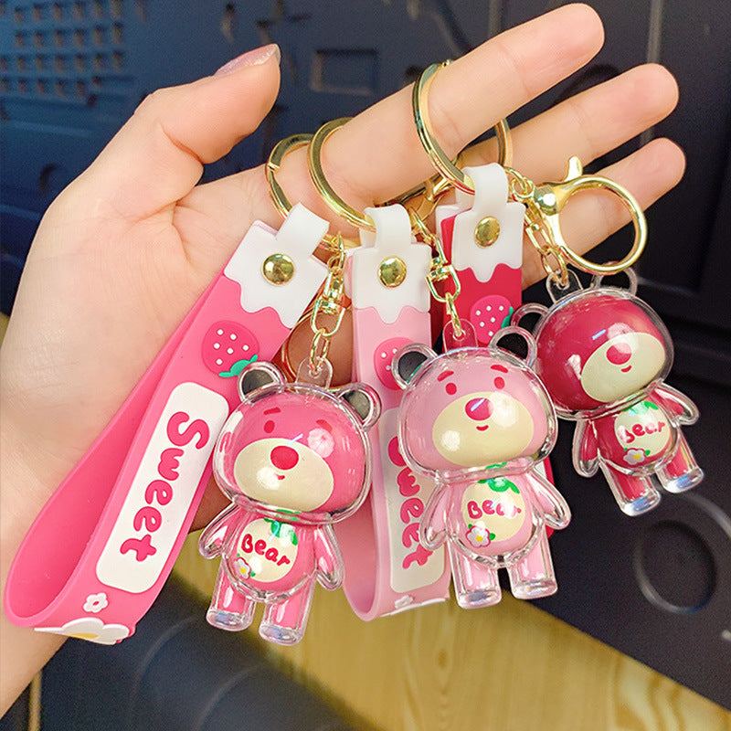 Creative Cartoon Acrylic Strawberry Bear Keychain Cute Fashion Couple Car Key Chain Bag Ornaments