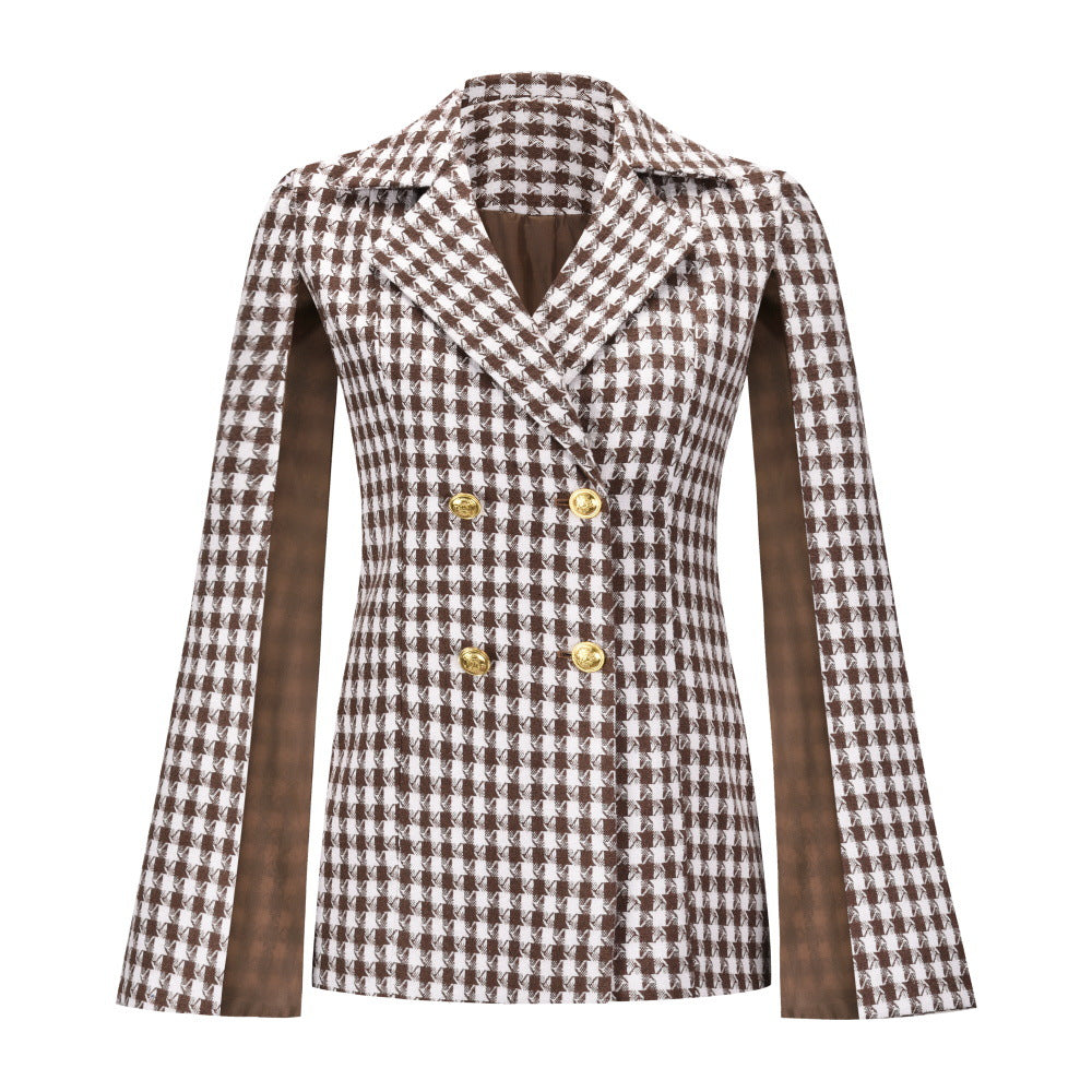 European and American Suit Jacket Houndstooth Design Double Breasted Shawl Small Coat Hepburn Graceful Coat