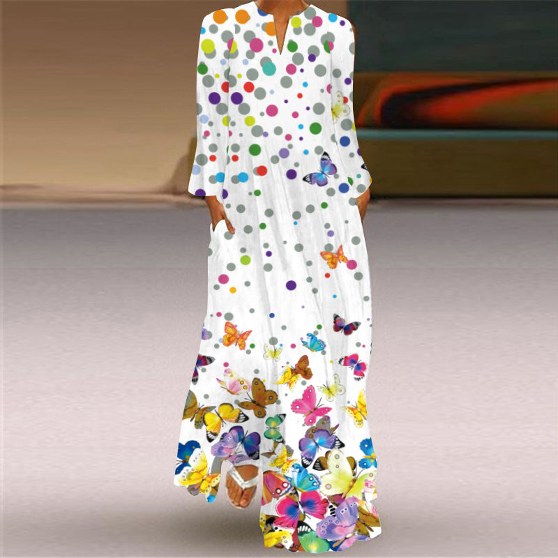 Fashion Sexy Print Long Dress V-neck Long Sleeve Pocket European and American Style Dress