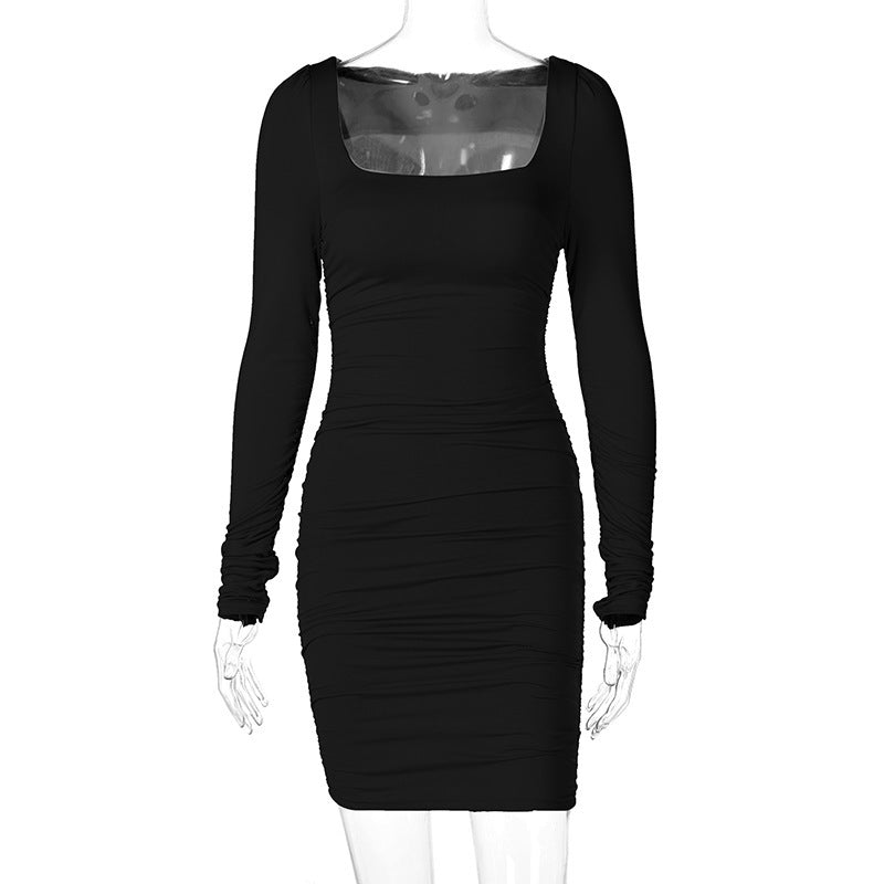 Elegant Intellectual Temperament Slim-Fit Pleated Dress Long Sleeve off Shoulder Close-Fitting Bottoming Short Skirt