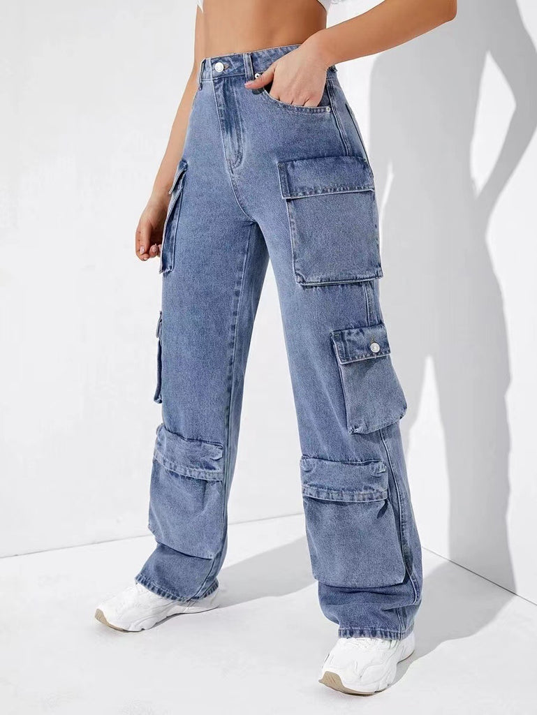 Y2g Style Overalls Women's Multi-Bag Women's Pants European and American Loose Washed-out Spleen Bag Jeans