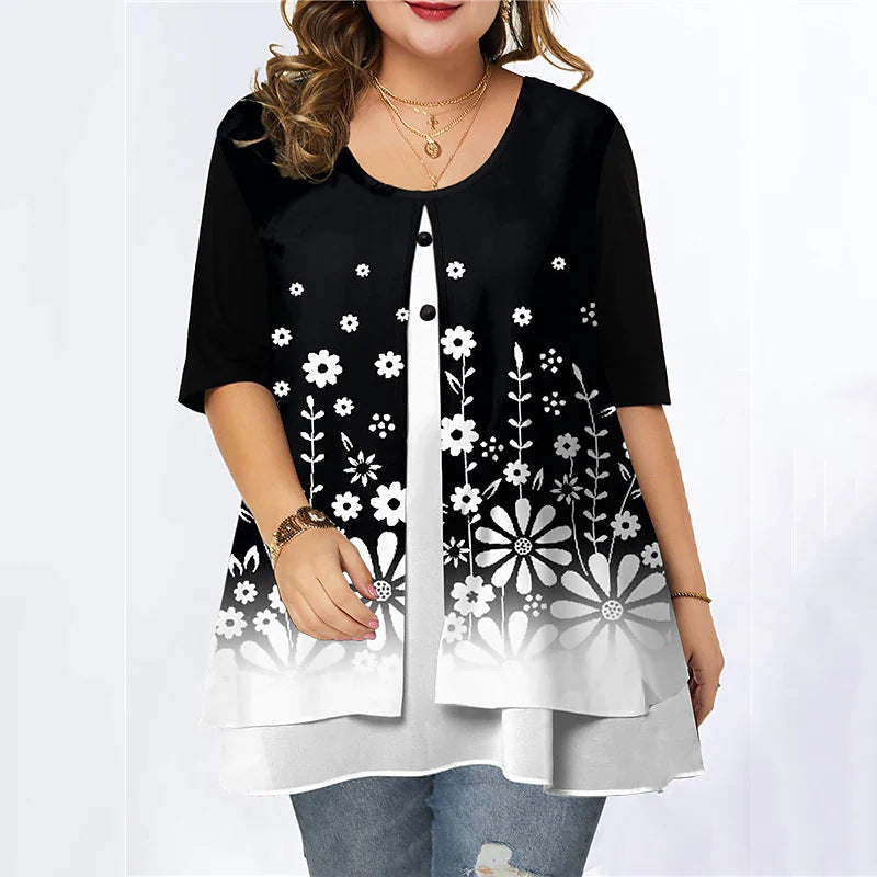 Large Size Chiffon Shirt Fake Two-Piece Printed Top Loose Shirt
