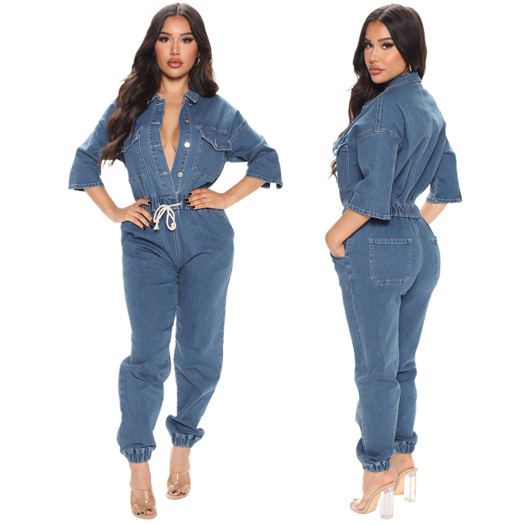 Denim Jumpsuit Europe and America Cross Border Hot Selling Slim Waist Washed Three-Quarter Sleeve Jumpsuit