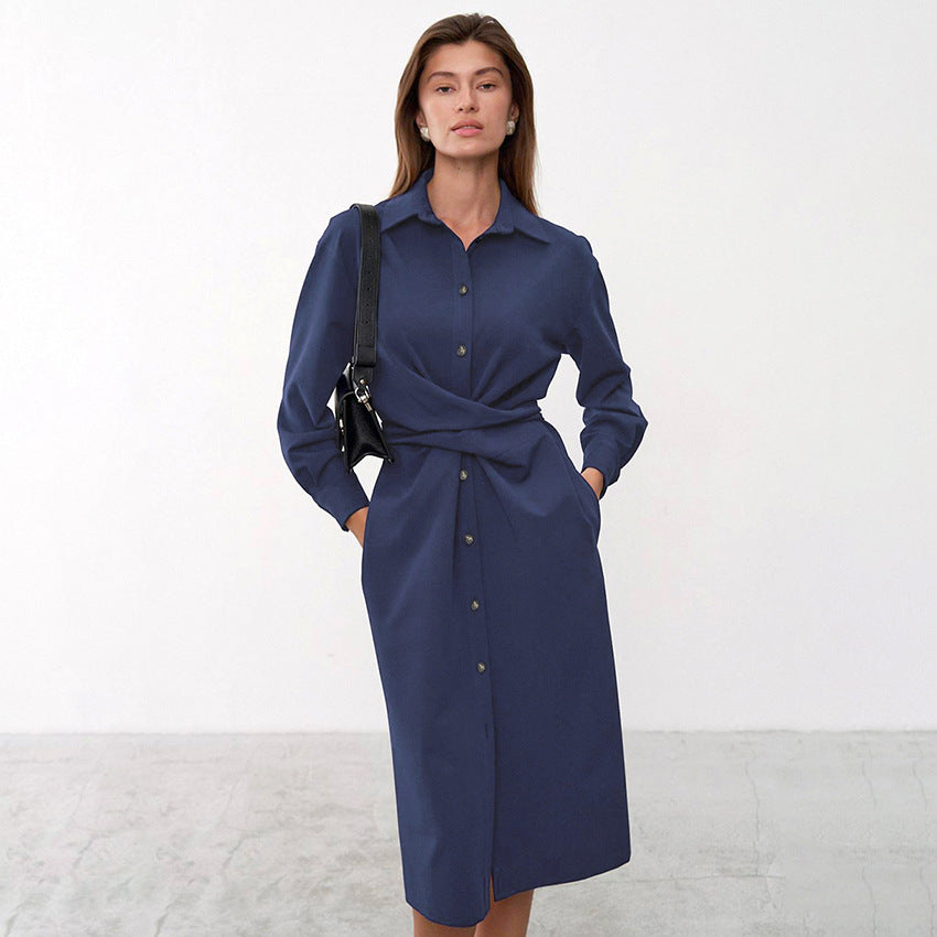 Commute Style Long Sleeve Shirt Skirt Midi Dress Casual Temperament