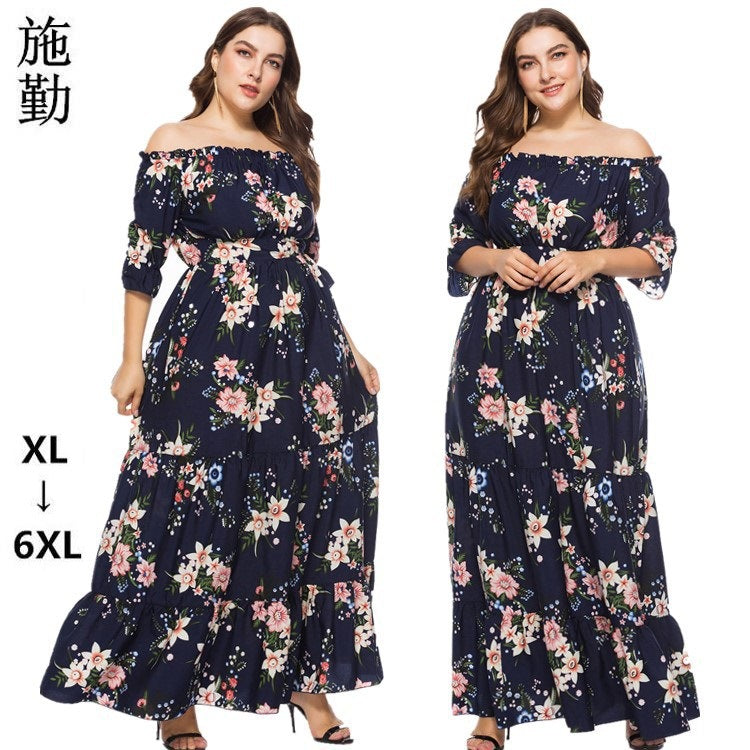 Women's off-Neck Plump Girls Bohemian plus Size Dress