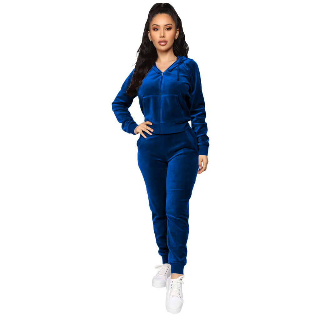 X9204 European And American Fashion Velvet Hooded Zipper Sweatshirt Elastic Waist Pants Two-Piece Set