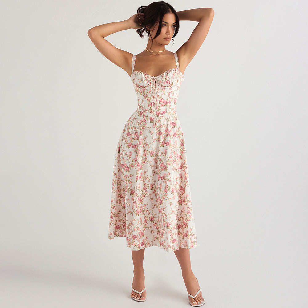 Slim Fit Slit Floral Skirt Hollow Backless Suspender Dress