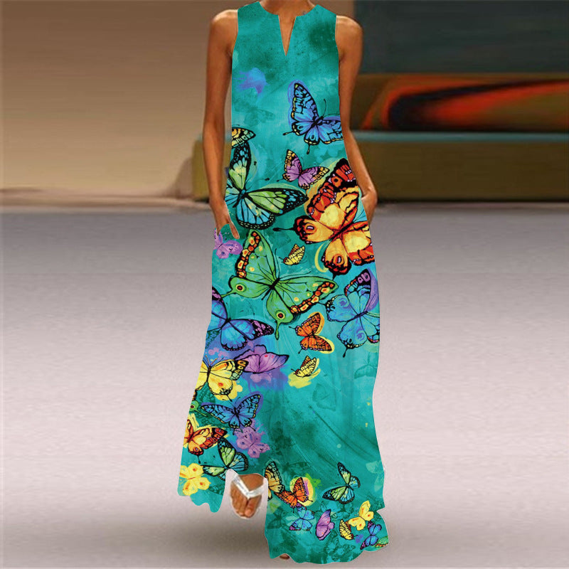 Sexy Digital Printed V-neck Sleeveless Dress Pocket European and American Style Dress