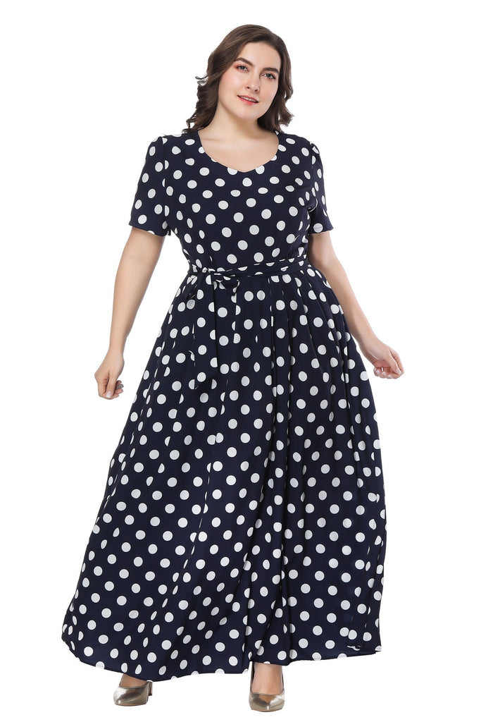 European And American Plus Size Women 'S Clothes Short Sleeve Polka Dot Swing Dress