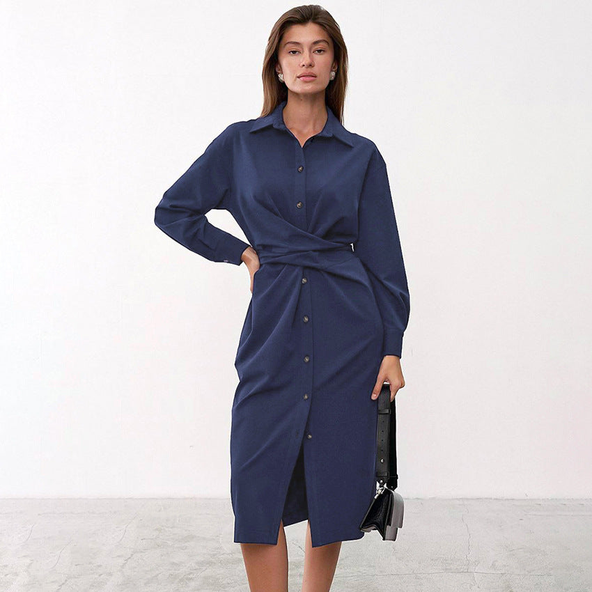 Commute Style Long Sleeve Shirt Skirt Midi Dress Casual Temperament