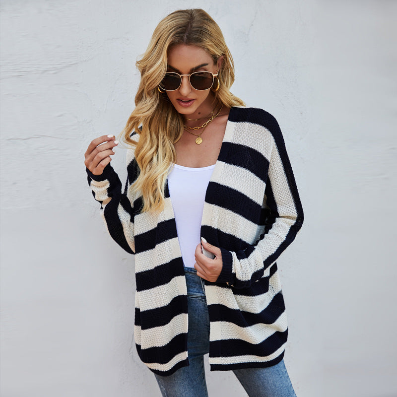 European and American Bat Sleeve Knitted Jacket Loose Striped Knitted Cardigan