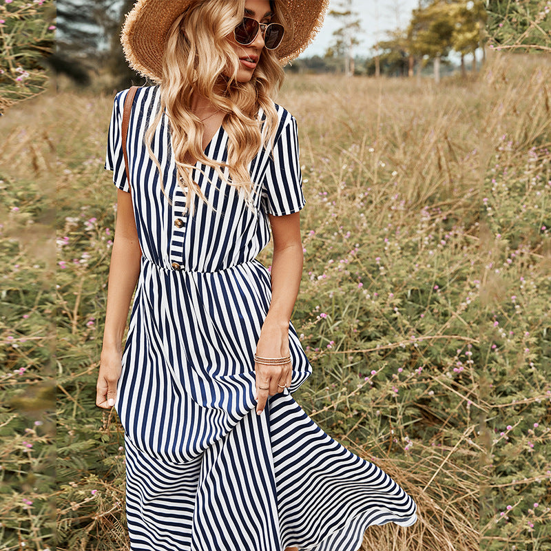 Women's V-neck High Waist Navy Blue Single-Breasted Short Sleeve Striped Dress